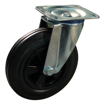 Zwenkwiel 200 mm standaard rubber op kunststof velg, 205 kg, plaat 135x110, asgat 20 mm