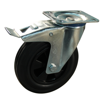 Zwenkwiel met rem 200 mm standaard rubber op kunststof velg, 205 kg, plaat 135x110