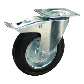 Zwenkwiel met rem 160 mm standaard rubber op stalen velg, 135 kg, plaat 135x110, asgat 20 mm