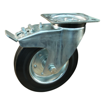 Zwenkwiel met rem 180 mm standaard rubber op stalen velg, 170 kg