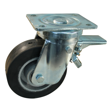 Zwenkwiel met rem 150 mm elastisch rubber op gietijzeren velg, 400 kg