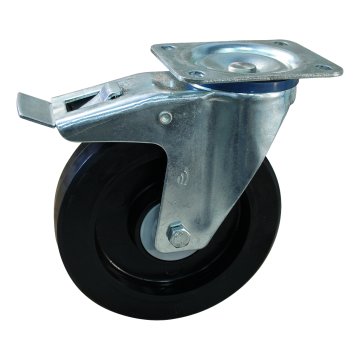 Zwenkwiel met rem 160 mm elastisch rubber op nylon velg, 250 kg, zwart