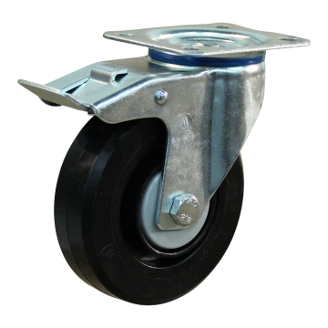 Zwenkwiel met rem 160 mm elastisch rubber op nylon velg, 350 kg, zwart