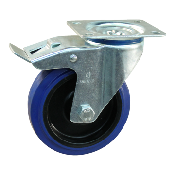 Zwenkwiel met rem 125 mm elastisch rubber op nylon velg, 200 kg, blauw, rollager