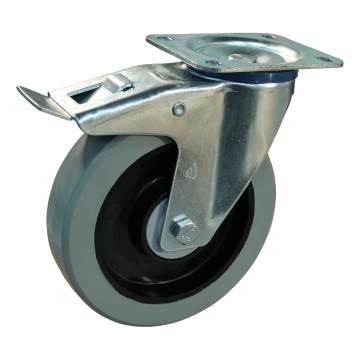 Zwenkwiel met rem 160 mm elastisch rubber op nylon velg, 250 kg, grijs
